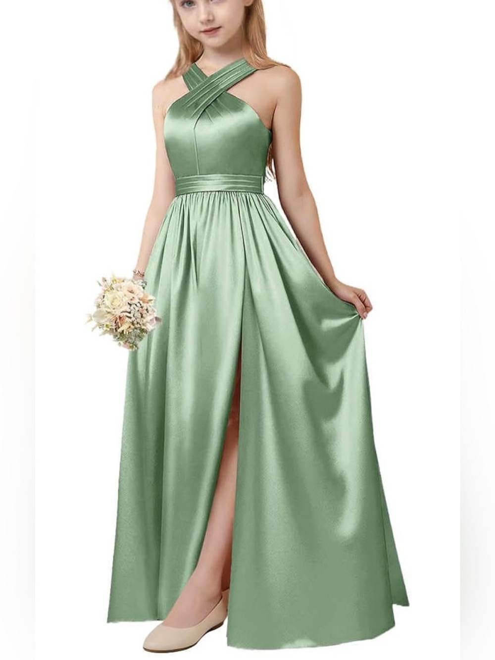 Girls Pearl Satin Dress in Sage Green